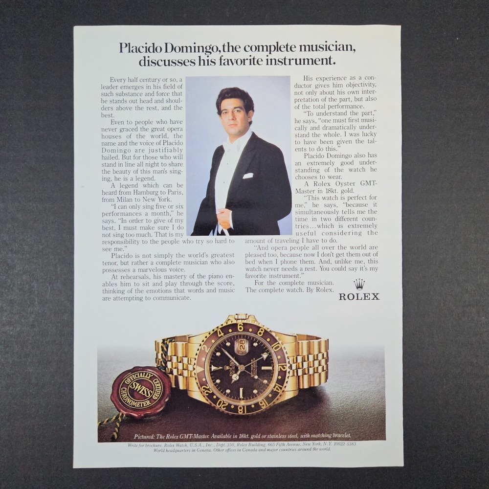 1983 Rolex Watch Placido Domingo‎ Vintage Print Ad GMT-Master Geneva New York